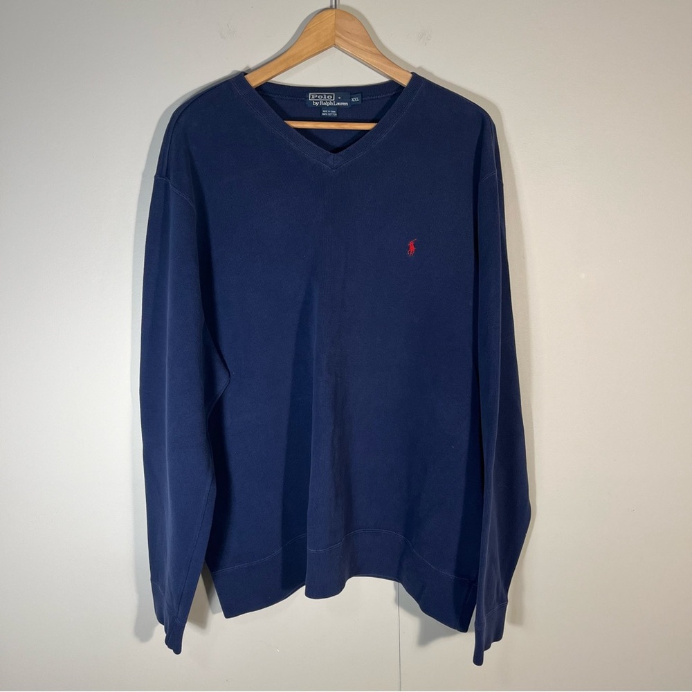 Polo Ralph Lauren Vintage Sweater Mens XL Blue Cotton V Neck Pullover XXL
